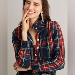 J.Crew Tartan Ruffle Button-Up Shirt With Jeweled Buttons Women’s Size Medium